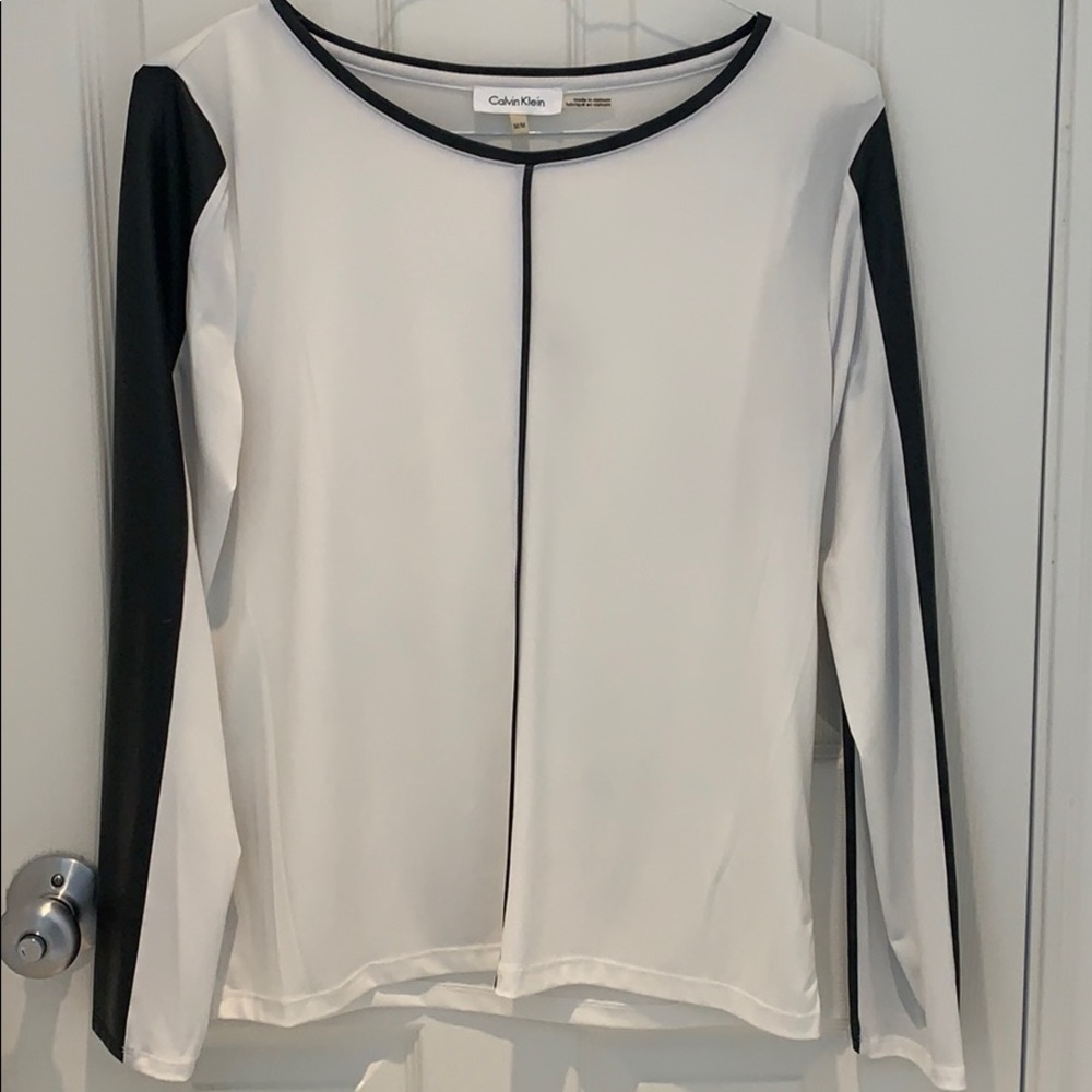 Calvin Klein cream top w/ black faux leather trim